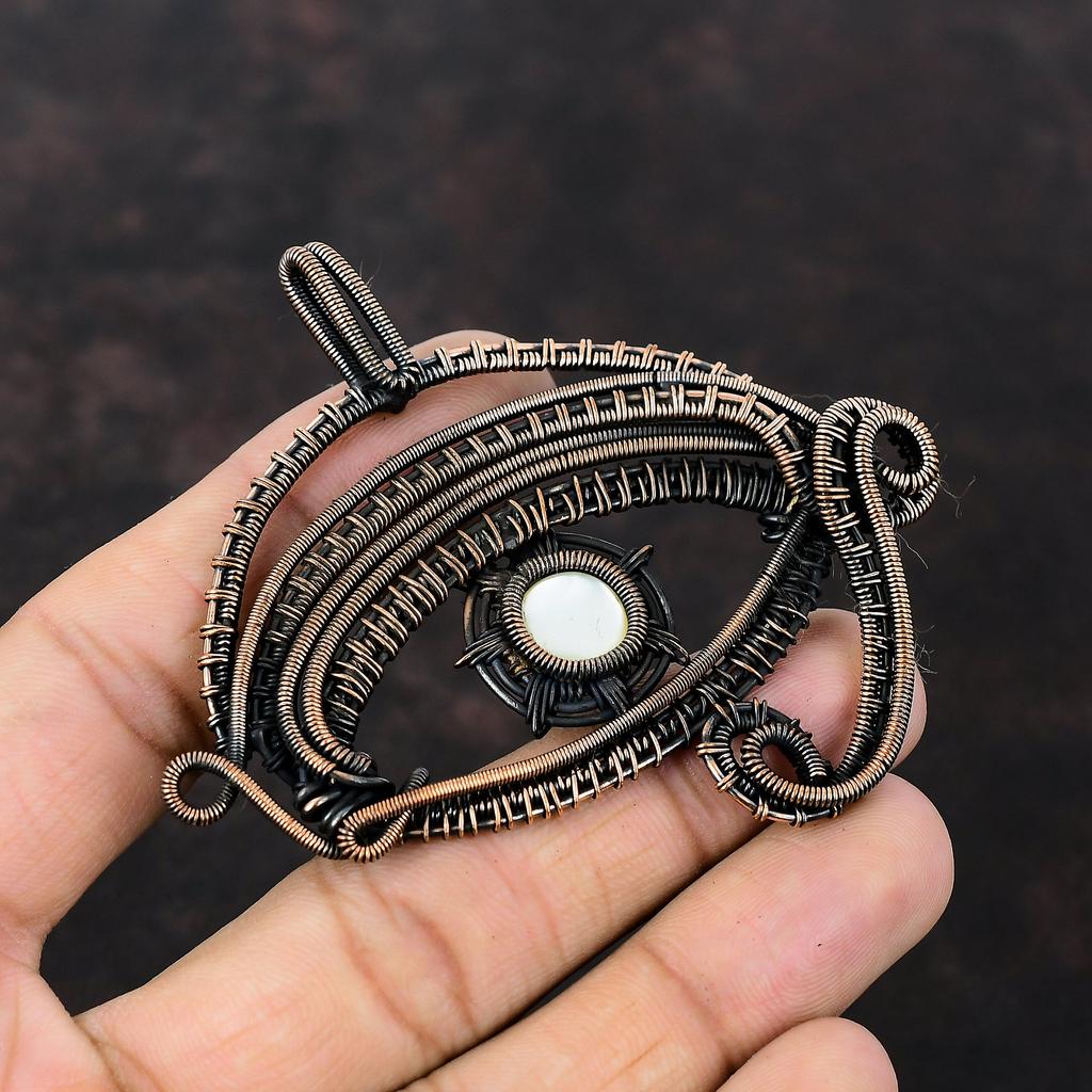 Evil Eye Mother Of Pearl Pendant Copper Wire Wrapped Pendant Evil Eye Jewelry Handmade Pendant Gemstone Pendant Copper Jewelry Gift For Mom