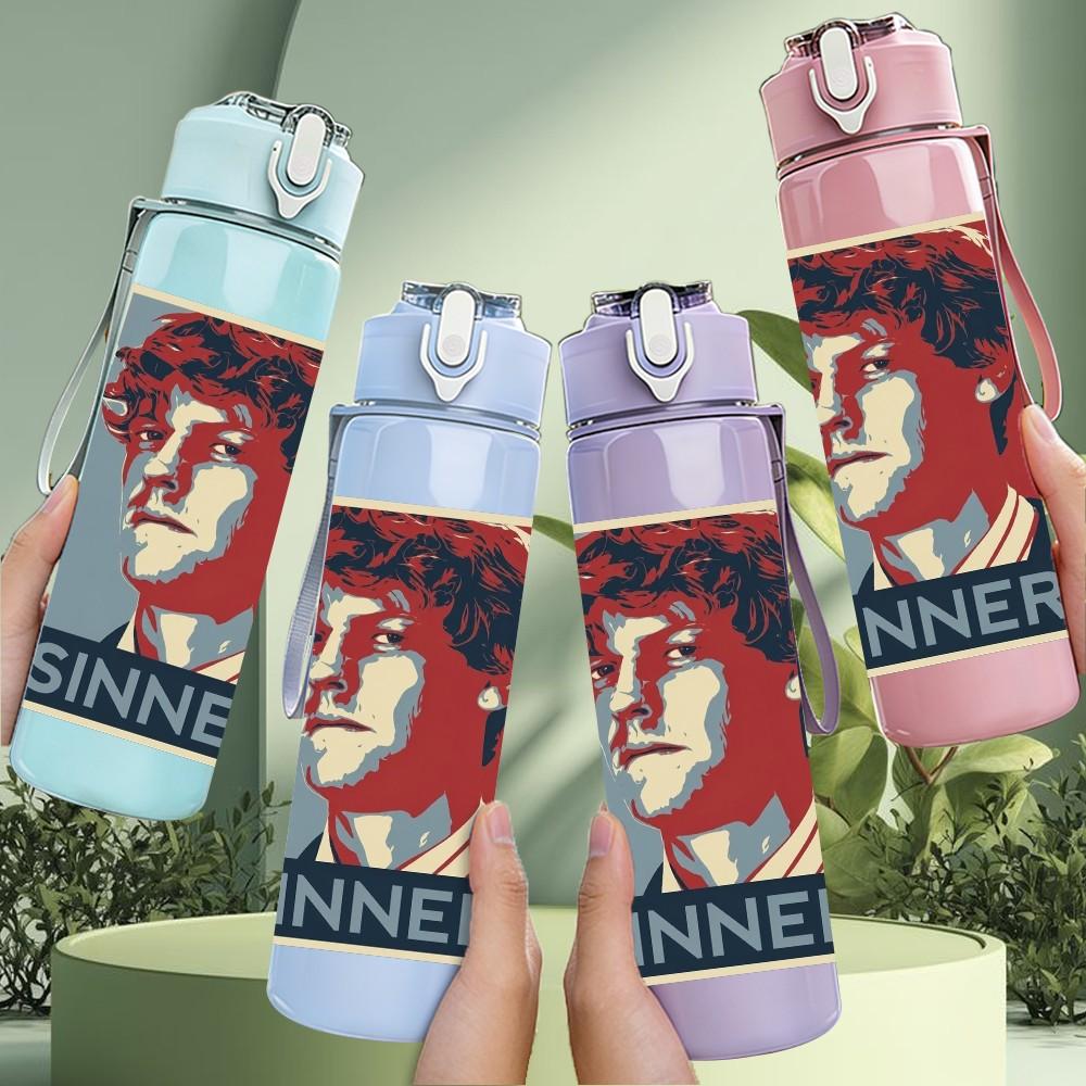 1PC Red Faded Sinner Female Portrait Print 750ml Colorful Plastic Sports Water Bottle Leakproof Pop Up Lid with Straw for Outdoor Work Home Use