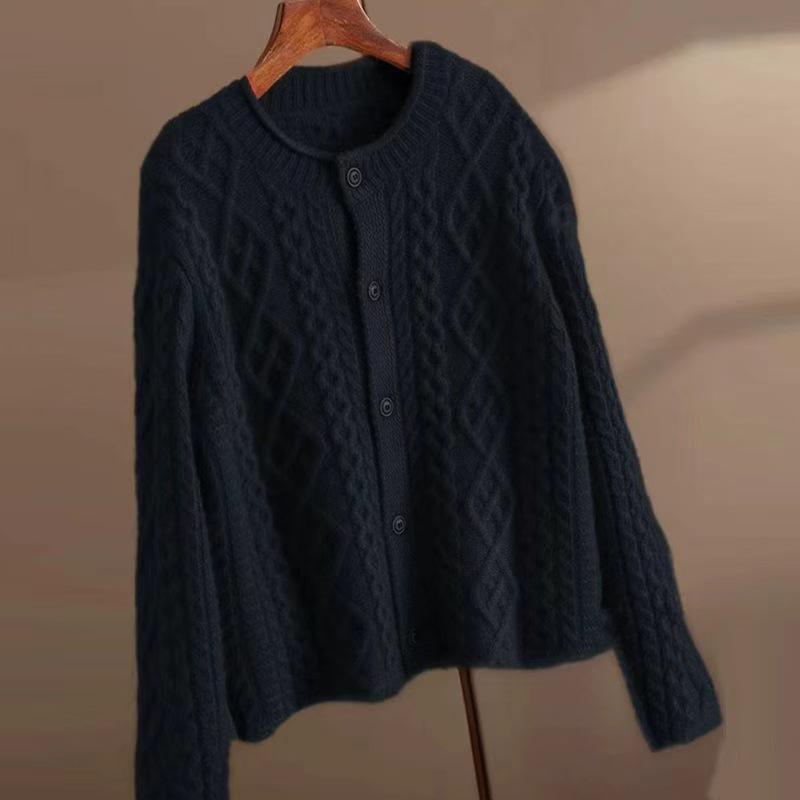 European-Style Heavy Cable-Knit Wool Cardigan for Women - Thick Coarse Wool Sweater Coat for Autumn and Winter 2026