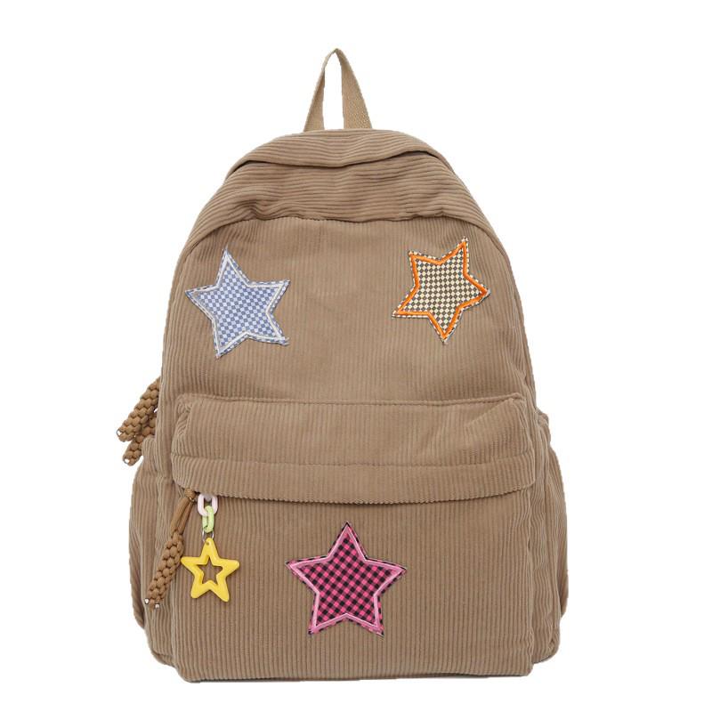 Women's Mori Style Corduroy Backpack - Harajuku Middle School Bookbag with Star Design for Travel
