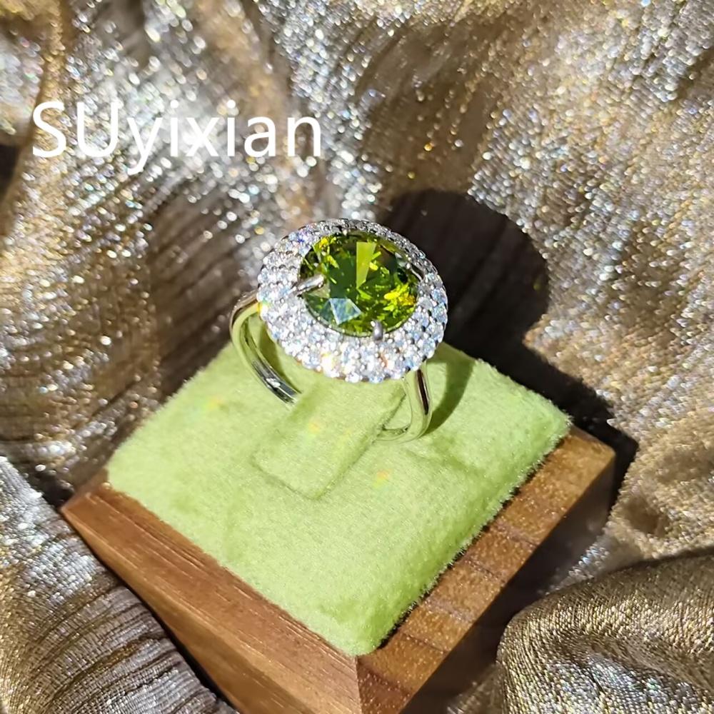 925 Sterling Silver Light Luxury Fashion Green Zircon Ring, Birthday Party Anniversary Gift, Ladies Jewelry
