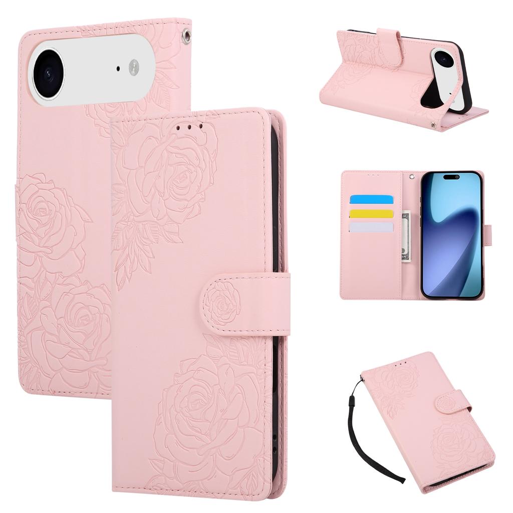 For iPhone 17 Air Case Rose Flower PU Leather Wallet Phone Cover with 3 Card Slots/Wrist Strap
