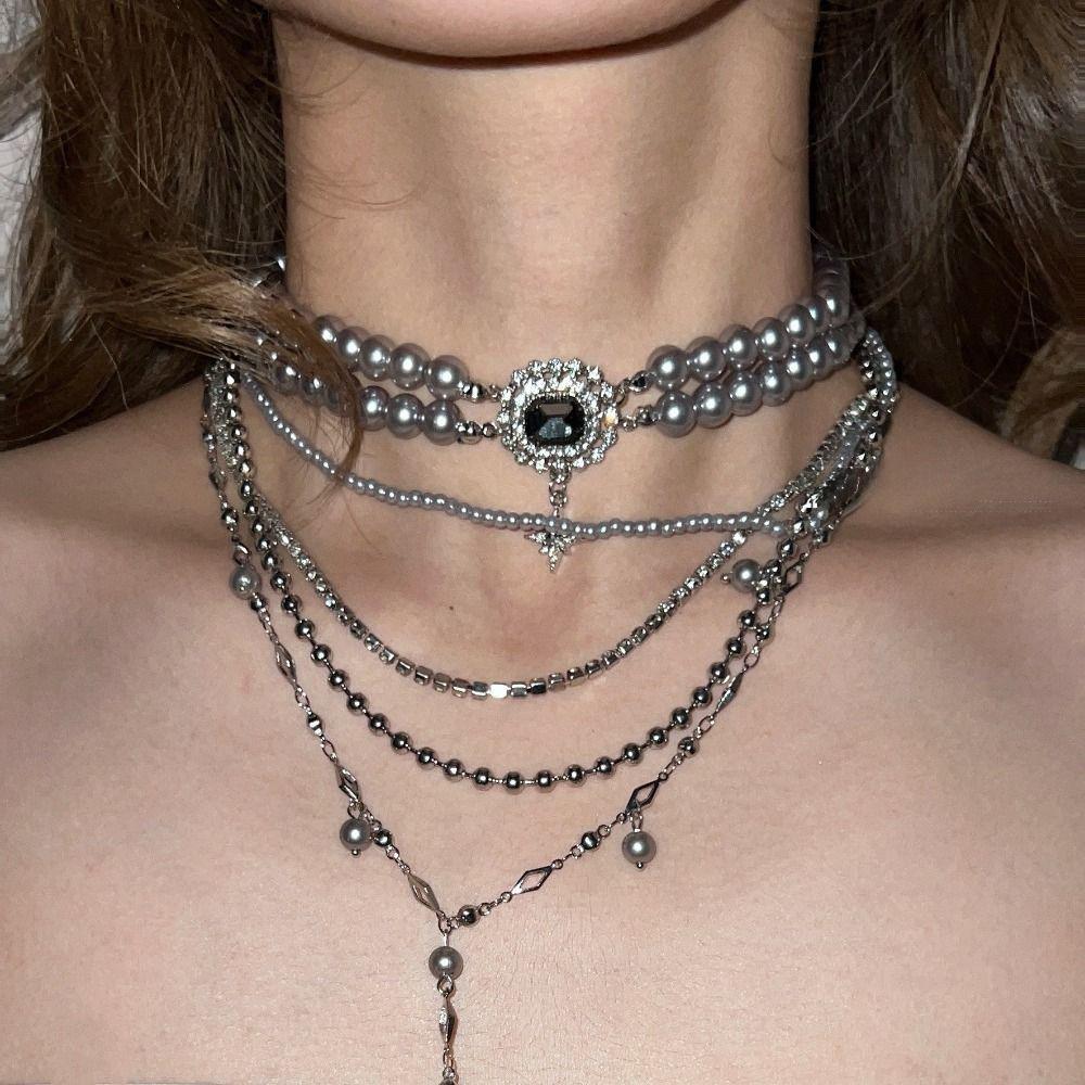 Stars Pendant Multi-Layer Pearls Necklace Multilayer Stacked Cross Sweater Chain  Daily Wear