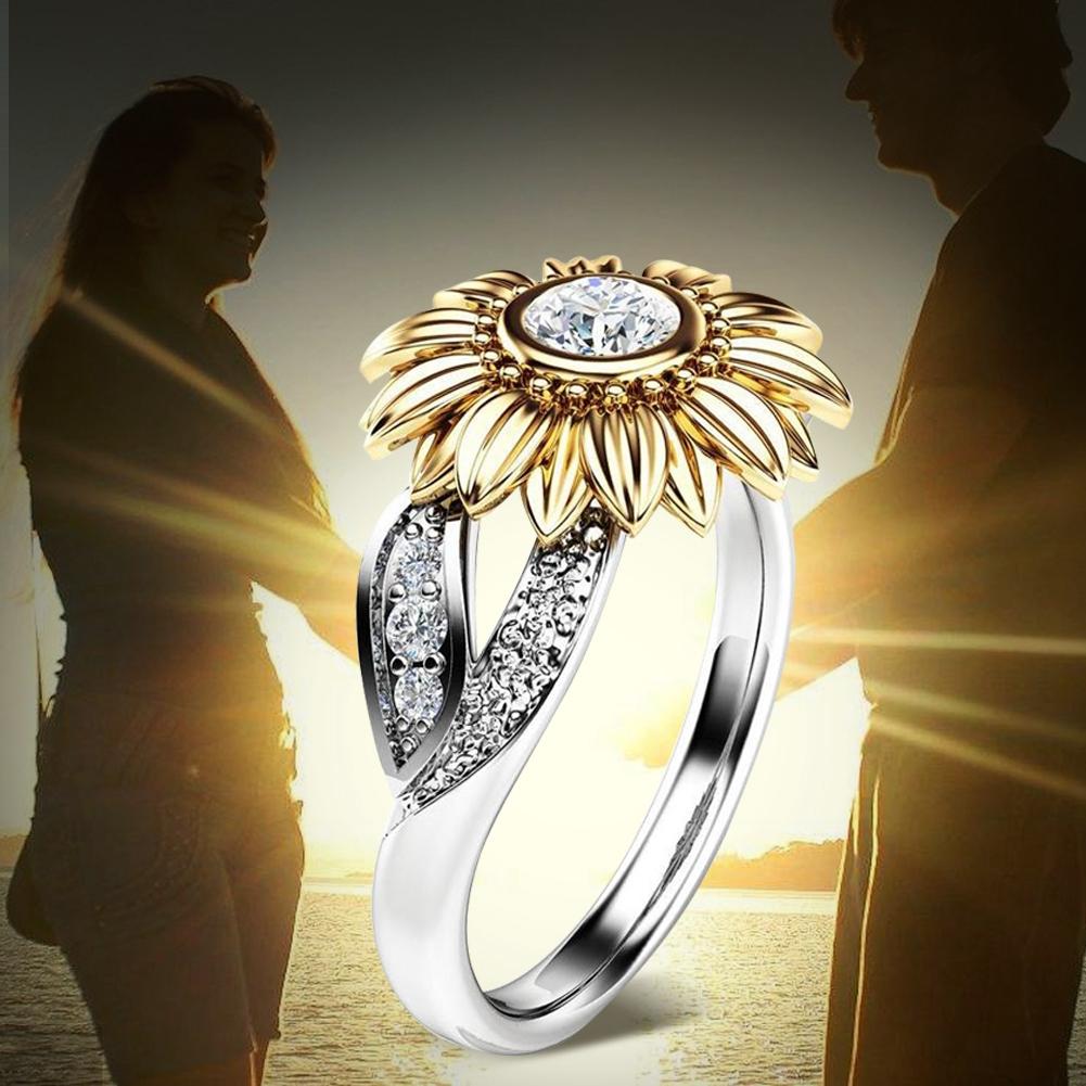 Fashionable Female Copper Engagement Round Sunflower Ring with Zircon Decoration 6#