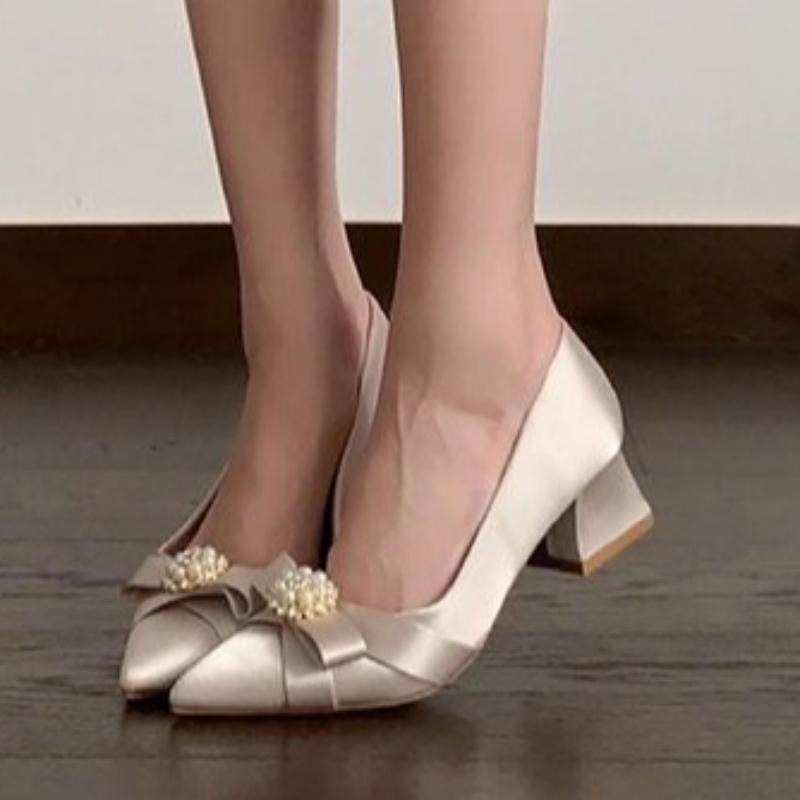 Beaded Bow Women High Heels Shoes Elegant Pointed Toe Dress Shoes 2026 Spring New Shallow Pumps Chunky Comfort