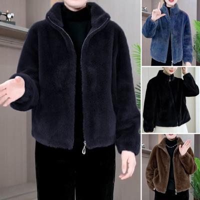 Women Winter Coat Thick Faux Fur Turn-down Collar Short Type Zip-up Cardigan Long Sleeves Cold-proof Outerwear School Outdoor Jacket