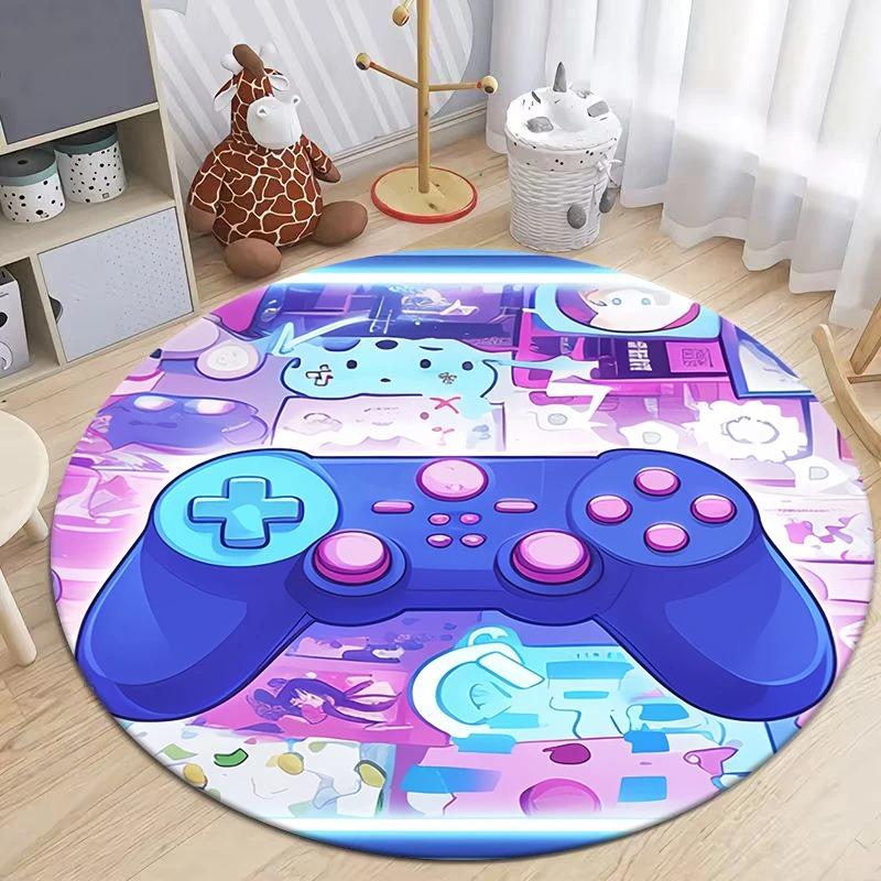 Game Controller Round Area Rug Cartoon Gamer Carpet Rug for Living Room Children's Bedroom Sofa Decor Non-slip Floor Mat
