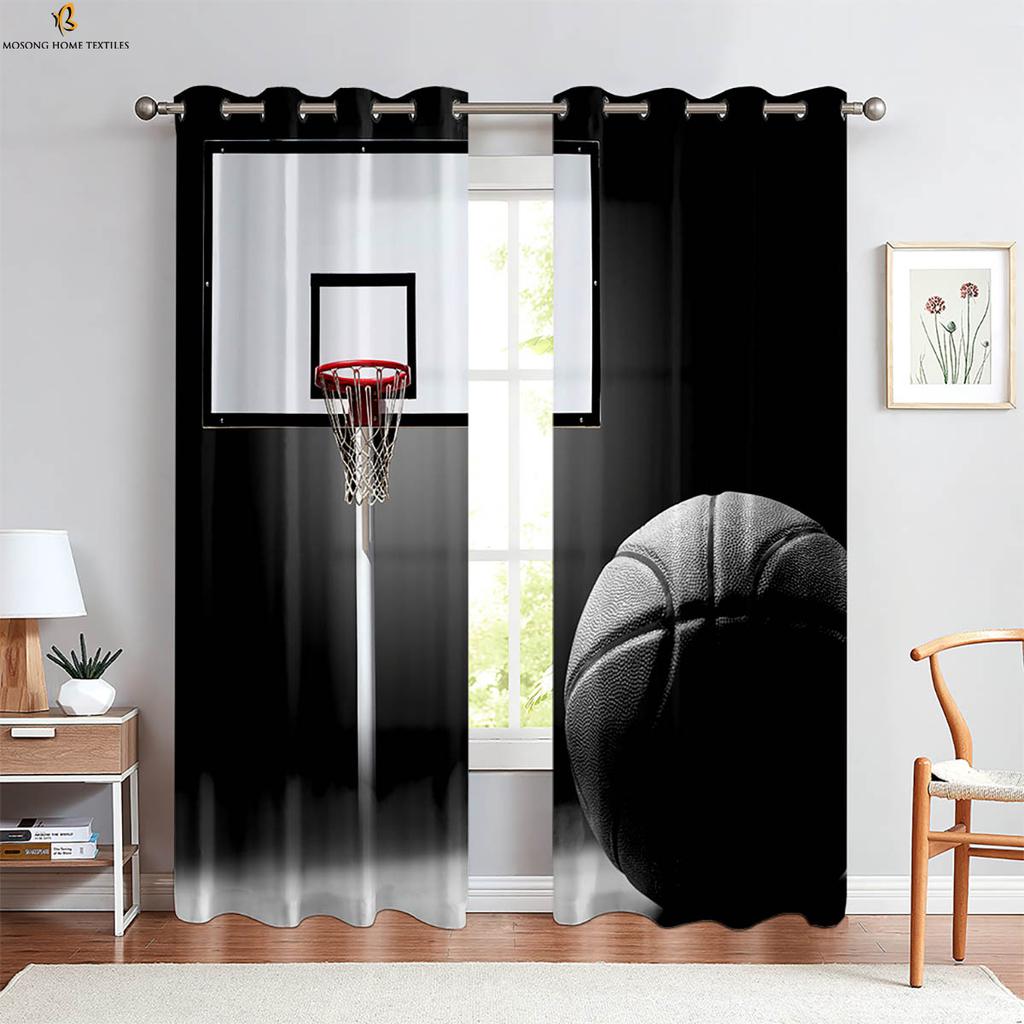 2-delade Flamma Basketboll 3D-tryckta Gardiner Polyesterfiber Maskintvättbara Sovrum Vardagsrum Kök Dekorativa Gardiner