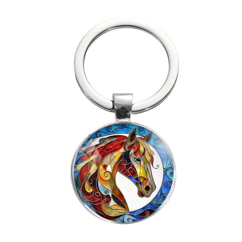 Vintage Horse Head Pattern Circular Pendant Keychain Backpack Hangings Decoration Gifts