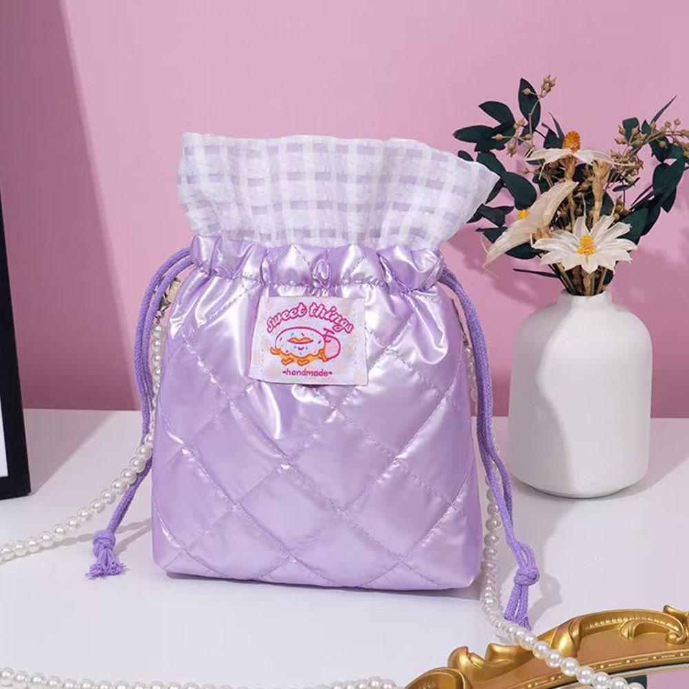 

Creative Drawstring Small Bucket Bag Lightweight Pearl Chain Shoulder Strap Crossbody Storage Bag Travel Bucket Bag for Travel фиолетовый