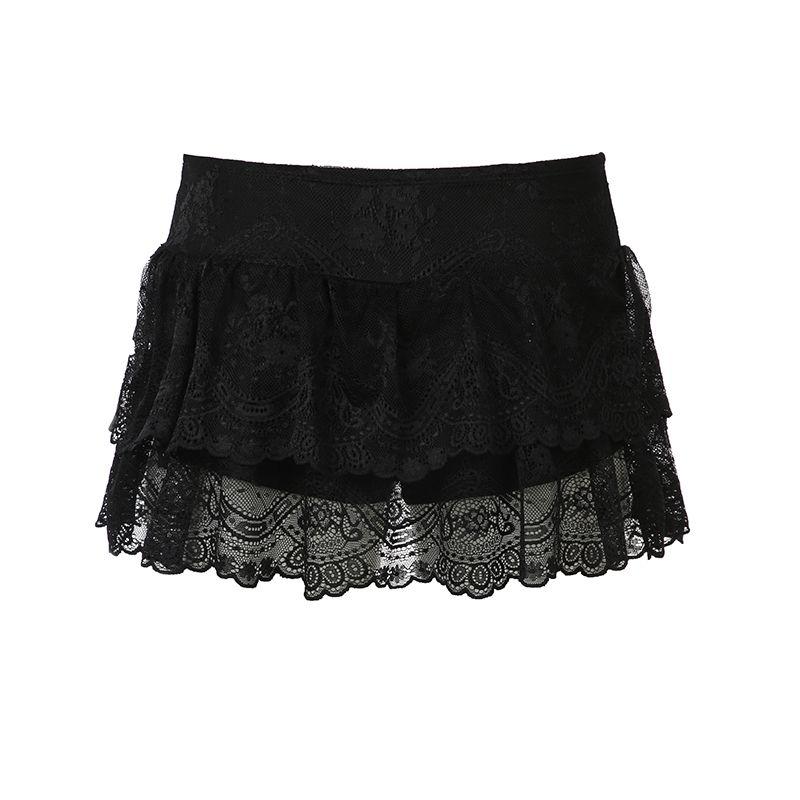 

H Home European and American Women s Clothing French Ins Style Low Waist Lace Cake Dress Niche Style Pure Color All-Matching Low Waist A- line Skirt Black S