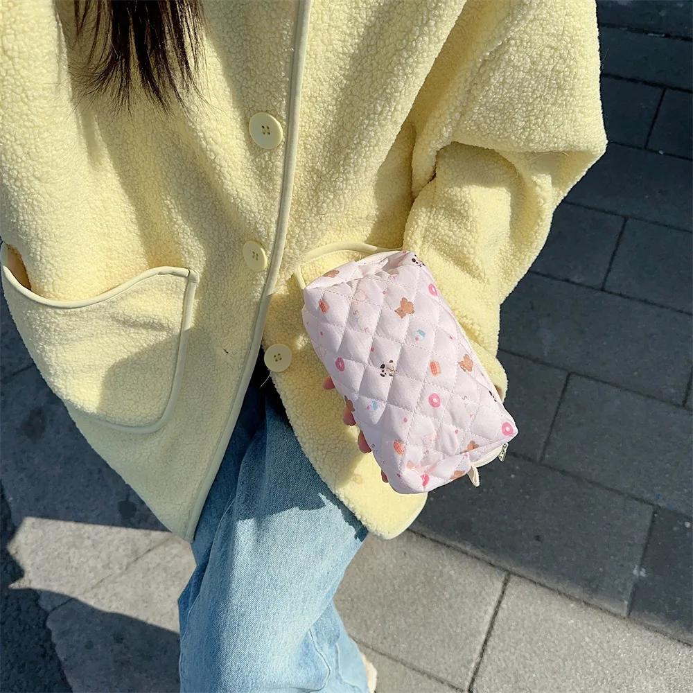 1 Piece Ins Sweet Pencil Case for Student Cartoon Bear Floral Bunny Makeup Bag Portable Large Capacity Stationery Storage Bag