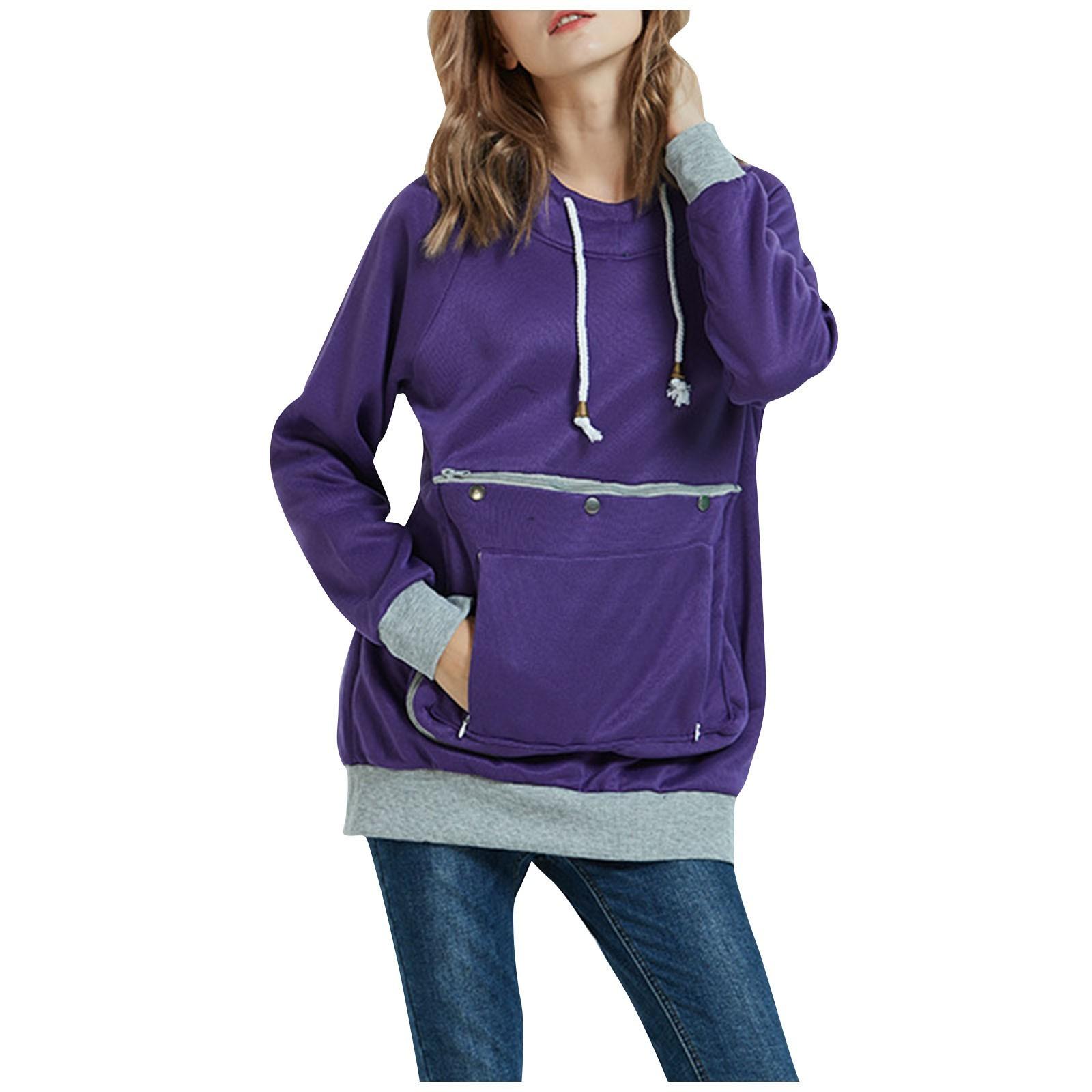 

Женская модная однотонная толстовка с круглым вырезом и большим карманом с капюшоном XL фиолетовый