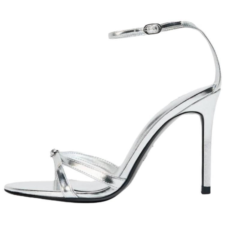 

Zara Женские сандалии на высоком каблуке с открытым носком из искусственной кожи с металлическим эффектом, сандалии с одним ремешком 10 см, серебристые 1340610808 35