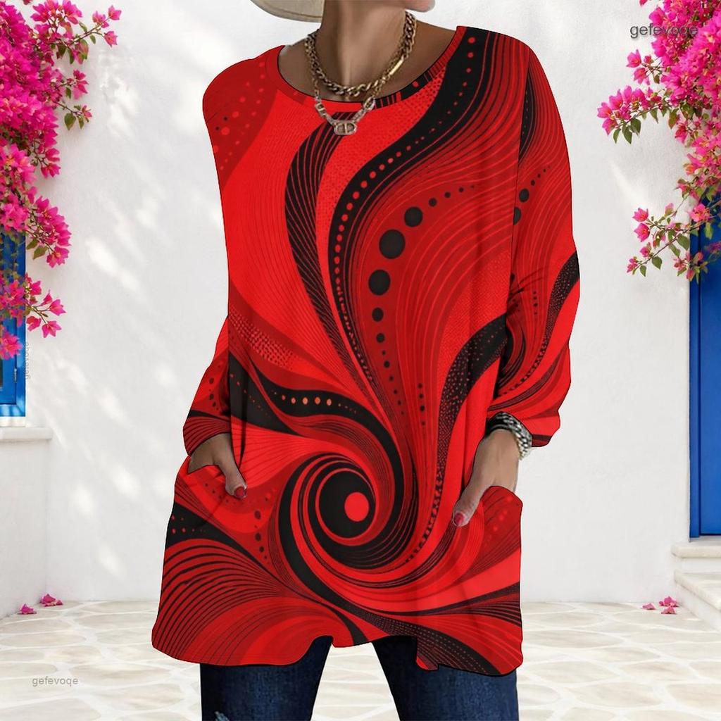 Women Plus Size Round Neck Long Sleeve Abstract Printed Red Black Loose Longline T Shirt With Pockets