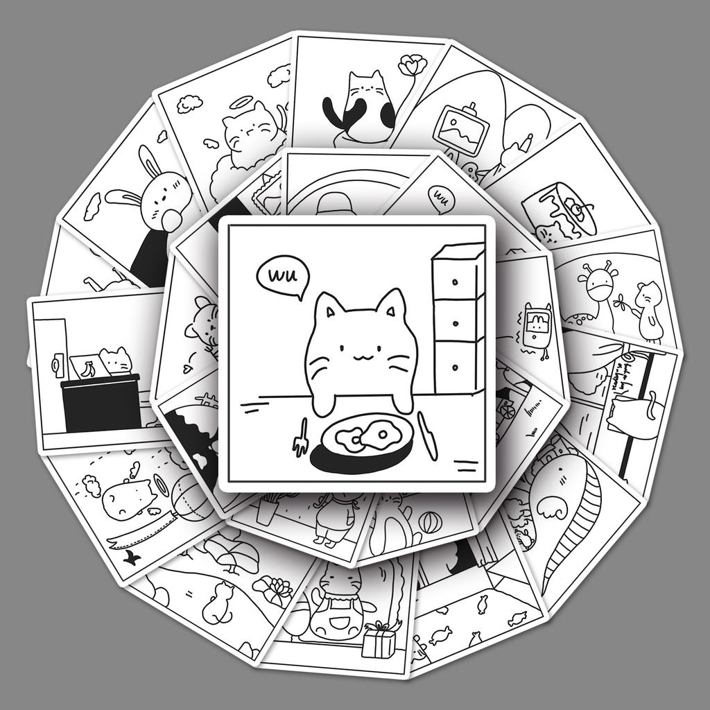 50 Black and White Line Drawing Doodle Cartoon Simple Gulka Hand Account DIY Water Cup Suitcase Sticker Waterproof