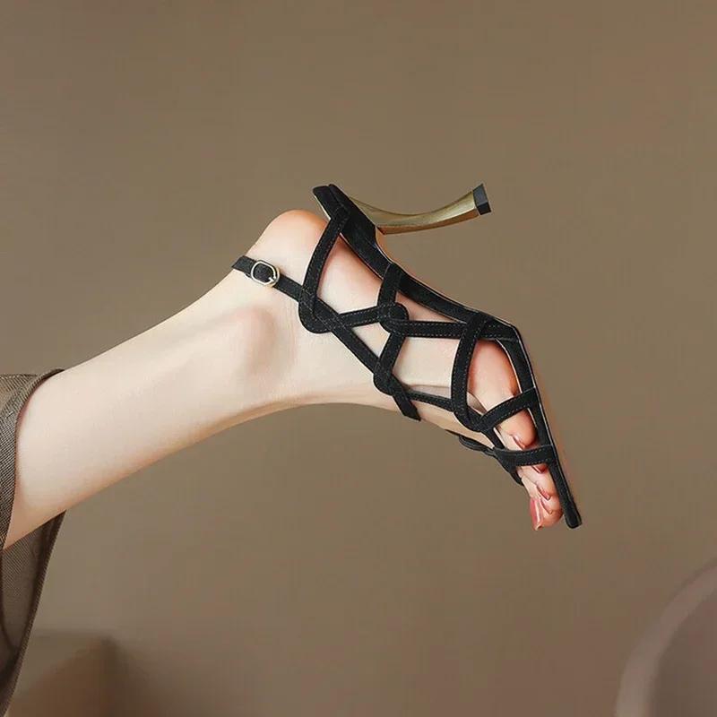 Summer Women Sandals Sheep Suede Leather Thin Heel Shoes Sexy High  for Vintage Roman
