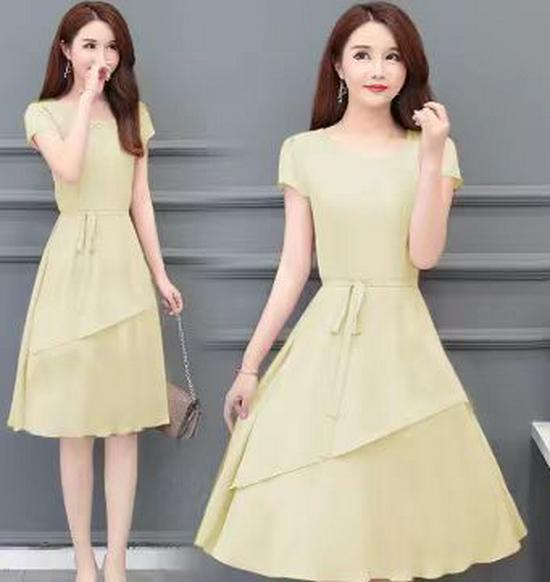 Women's Summer Midi Dress O-neck Short Sleeve A-Line Dress Casual Layered Hem Lace-up Dress