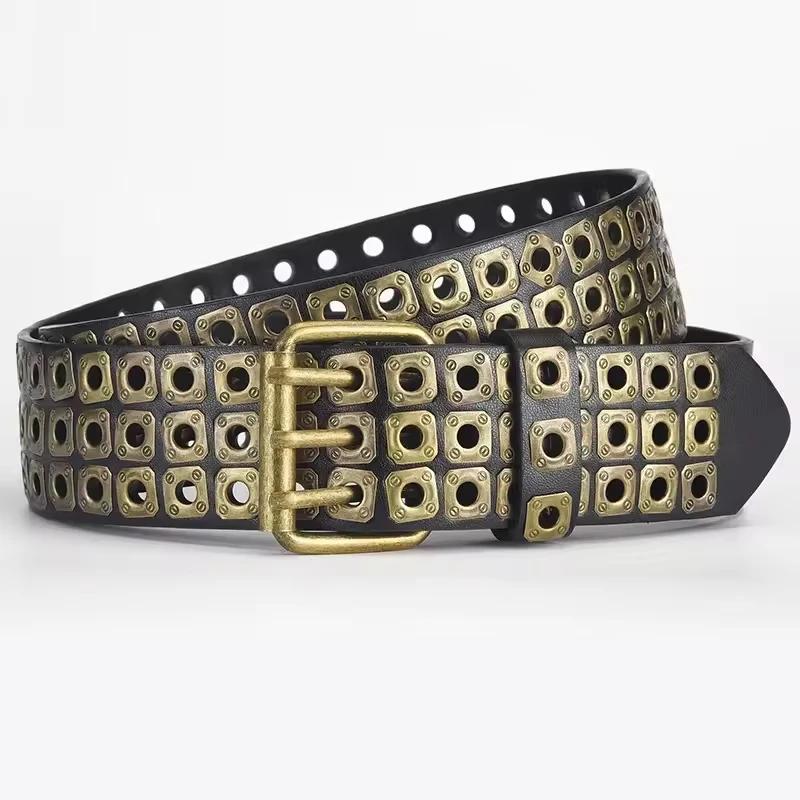 Women Belt  Fashion Square Beads, Willow Nails, Three Exhaust Eyes, Punk Street Cool, Personalized Men's and Women's Belts