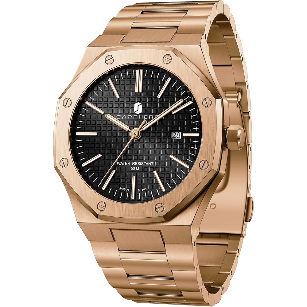 SAPPHERO Men s Chronograph Watch Stainless Steel 50M Water Resistant Analog Date Display Black Rose