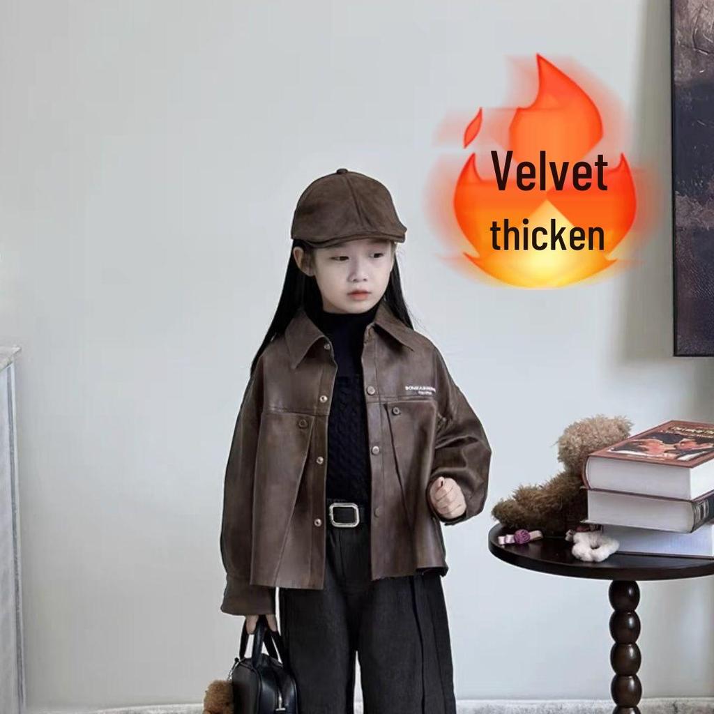 Girls' 2024 Autumn/Winter Sweet Retro Leather Jacket & Sweater Set with Wide-Leg Pants