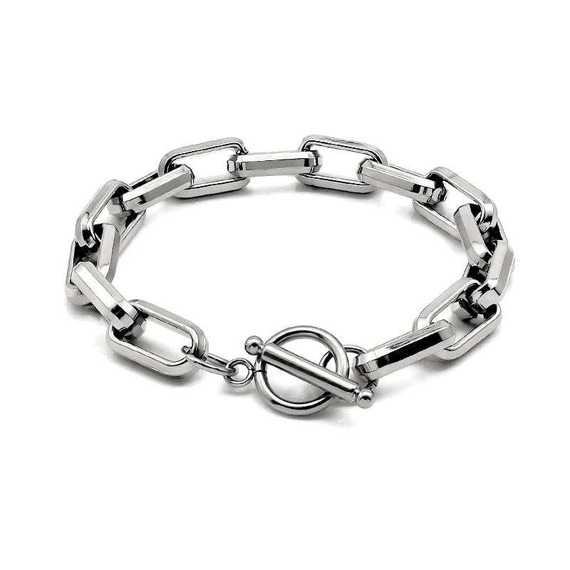 Unisex Stainless steel Oval Round Corner Link Chain T Toggle Clasp Bracelets for Women Men Hip Hop Punk Style Hand Jewelry
