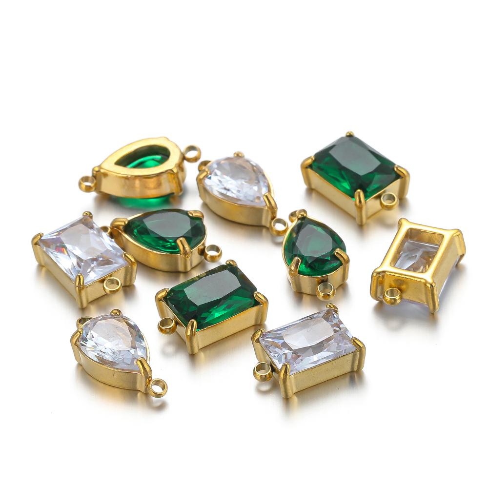 5pcs Stainless Steel Drop Shape Green Zircon Charms Pendants for DIY Jewelry Findings Necklace Beacelet Earrings Making Supplies