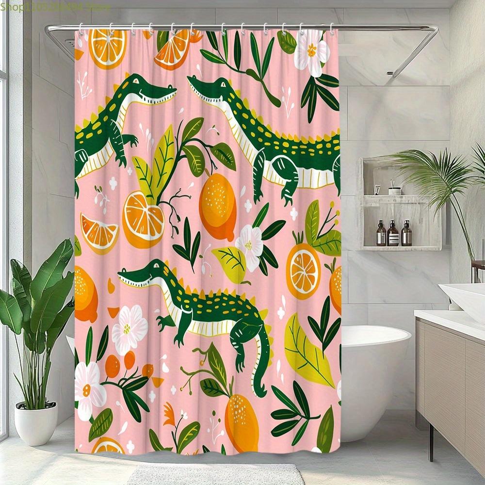 1pc Polyester Crocodile Orange Floral Shower Curtain with Creative and Vibrant Pattern, Includes 12 Hooks, Bathtub Partition H