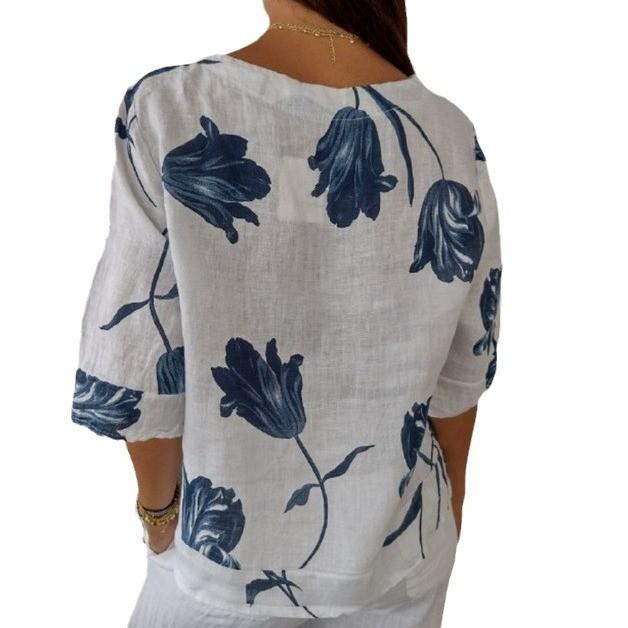 Maglia a maniche corte con scollo a V in cotone e lino con stampa digitale per abbigliamento casual estivo da donna