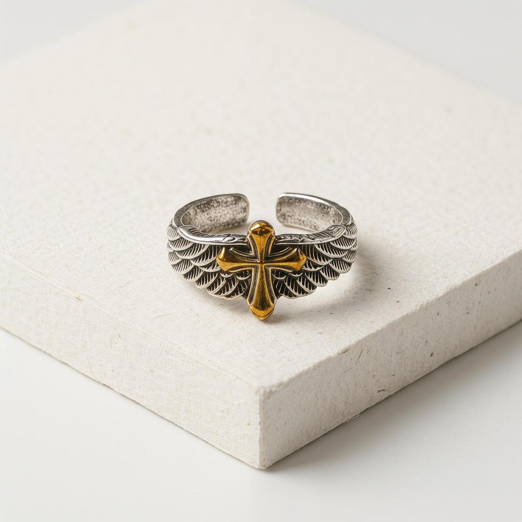 Bi-Color Embossed Feather Wing Adjustable Men's Ring
