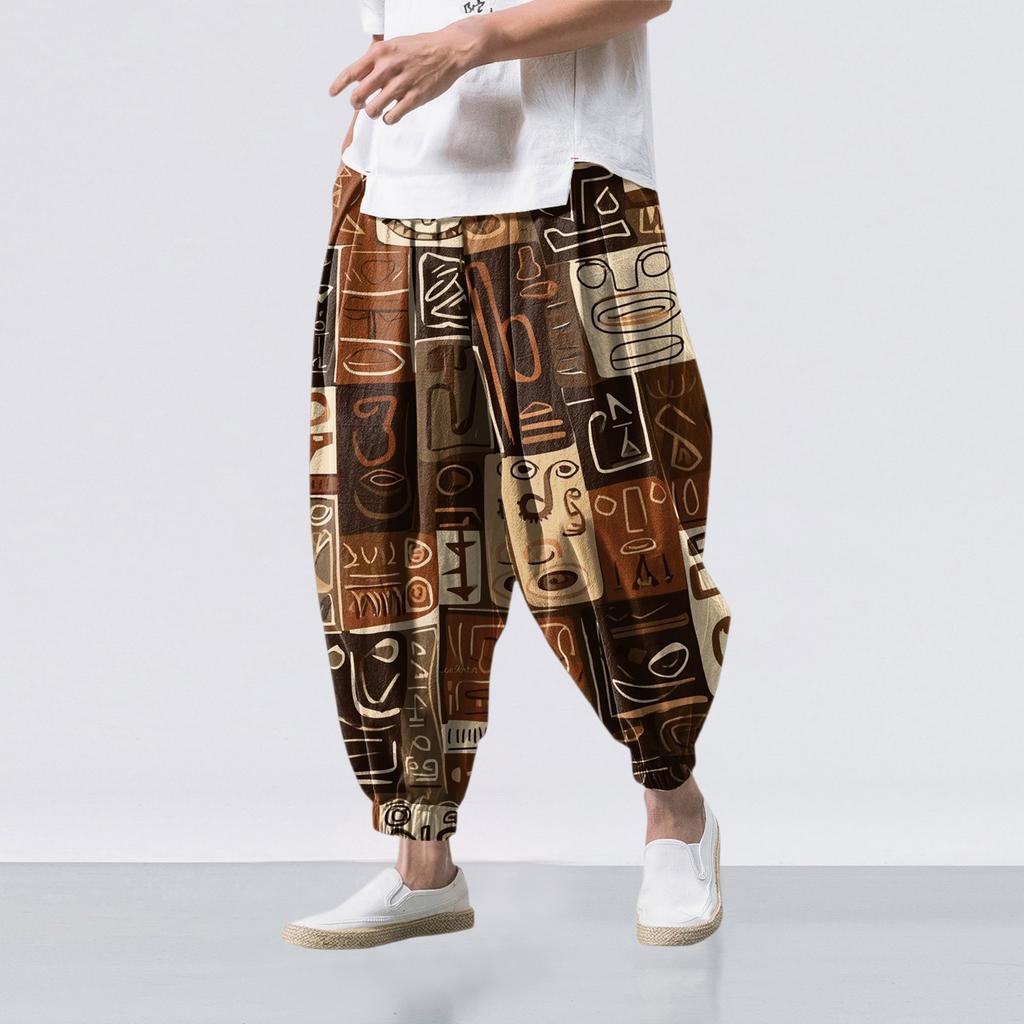 Ethnic Style Print - Casual Wide-leg Pants, Men's Loose Casual Pants