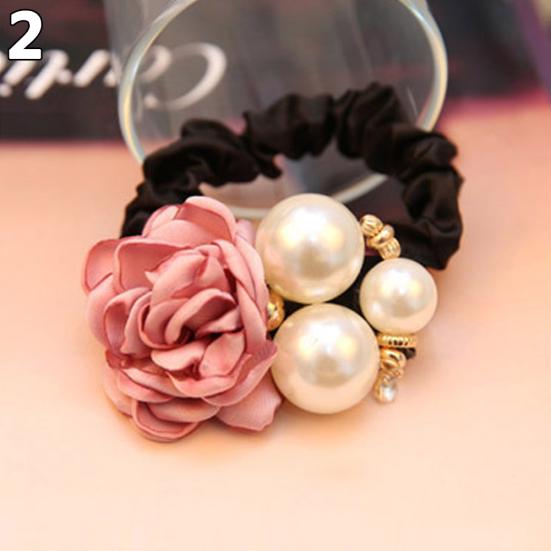 Mode Frauen Faux Perlen Rose Blume Haar Band Seil Scrunchie Pferdeschwanz Halter