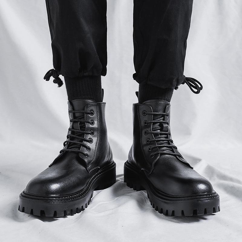 Men's British Leather Boots Versatile Non-slip Waterproof High-top Thick Bottom Heightening Simple Autumn
