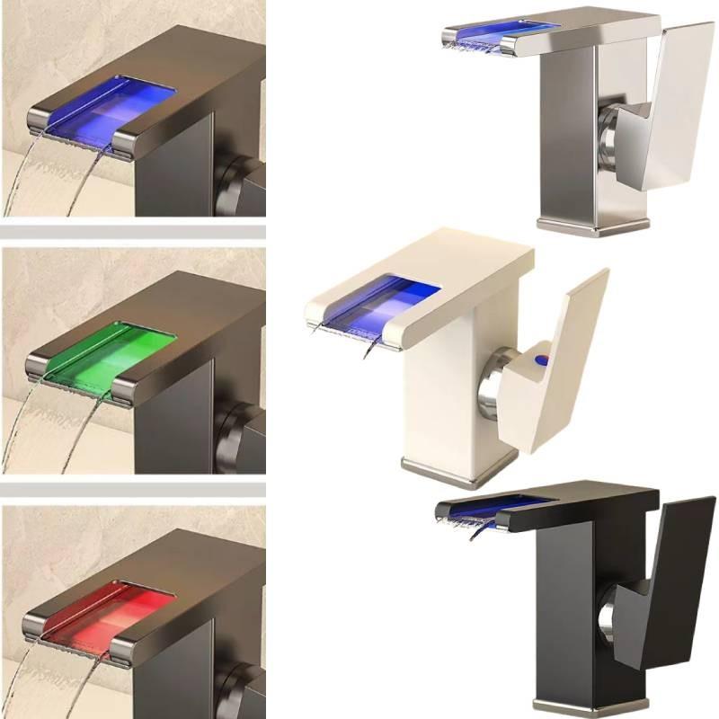 Led Bathroom Rgb Sink Mixer Tap Temperature Sense Waterfall Faucet Change Color
