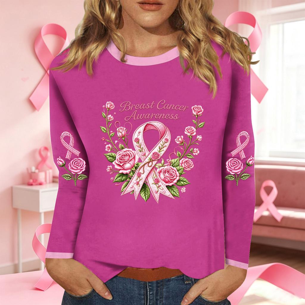 Women's Fashion Long Sleeve Breast Ribbon Print Neck Top