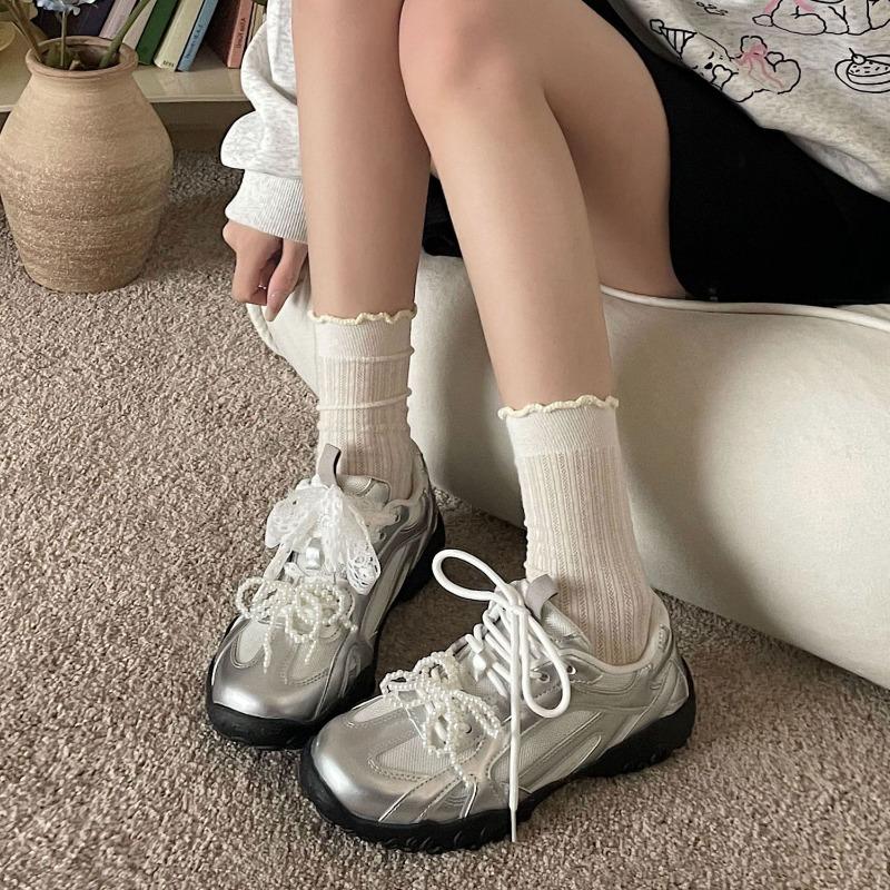 Ballet Style Lace Pearl Platform Women's Spring New Versatile Niche Retro Sports and Leisure Shoes