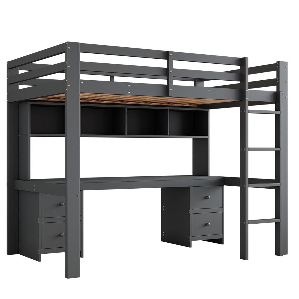 Hochbett 90x200cm Kinderbett Schreibtisch Schubladen Lagerregal Lattenrost Hohes Geländer Stabile Treppe Jugendliche Erwachsene Schlafsaal Grau