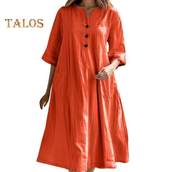 

Летнее весеннее платье с карманами, застегивающимся на пуговицы V-образным вырезом, плиссированным свободным А-образным подолом, короткими рукавами, однотонным платьем миди для повседневной носки, вечеринок, свиданий S оранжевый