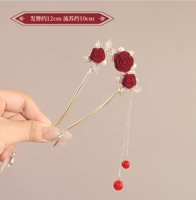 Chinese Style Rose Flower Hair Stick Hairpin For Women Red Flower Hair Comb Handmade Metal Alloy Headwear Girls Hair Accessories