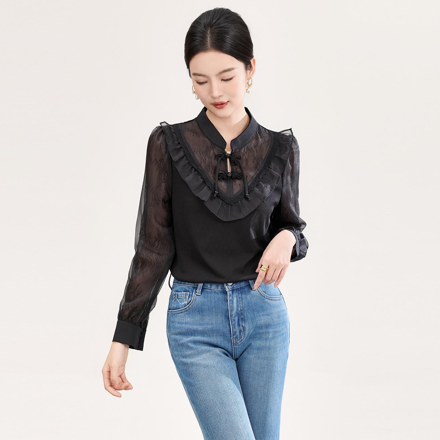 

Women s Spring Chinese Lace Patchwork Qipao Top with Pearl Frog Buttons Large чёрный