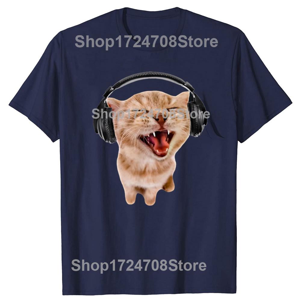 Funny Silly Cat With Headphones Graphic T-shirts Men Women's Fashion Casual Tshirt 100% Cotton Loose Oversized T Shirt