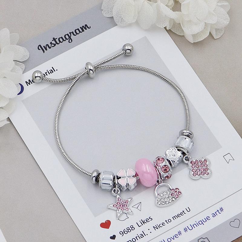 Регулируемый Браслет-Четырехлистник на Цепочке с Алмазными Бусинами, Световая Роскошь, Аксессуар для DIY Украшений розовый