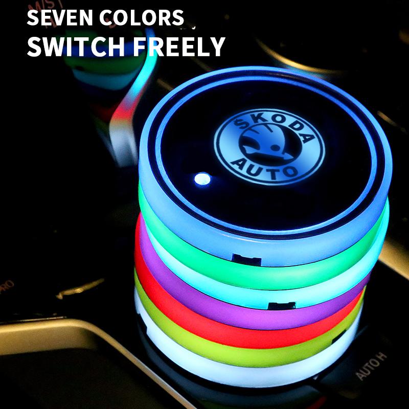 EMIW1 Car LED Luminous Coaster Drinks Holders For Skoda Octavia A5 Superb Old Febia Roomster 2013 2005-2008 Rapid Roomster Kodiaq Yeti