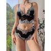 [Floral Lace Bralette Bra Set] Two-Tone Floral Lace Bralette Bra Set, V Neck Skinny Halter Hollow Top & Briefs, Women's Daily Comfort Underwear