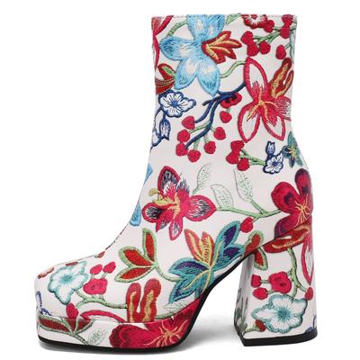 Mode Mode Korta Stövlar Kvinnlig Blommigt Tryck Plattforms Ankelboots För Kvinnor Klack Klackade Fest Dansskor Damer Stor Storlek