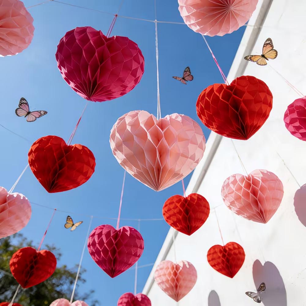 Valentine's Day Heart Paper Pom Poms Honeycomb Party Decorations For Wedding Proposal Handmade Craft For DIY Wedding Decor