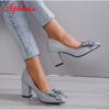 Fashion Aphixta New Appliques 7cm Square Heel Shoes Women Pumps Bling Butterfly-knot Flowers Officile Pointed Toe Super Big Size 49 50