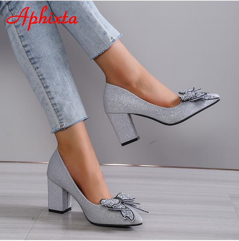 Fashion Aphixta New Appliques 7cm Square Heel Shoes Women Pumps Bling Butterfly-knot Flowers Officile Pointed Toe Super Big Size 49 50