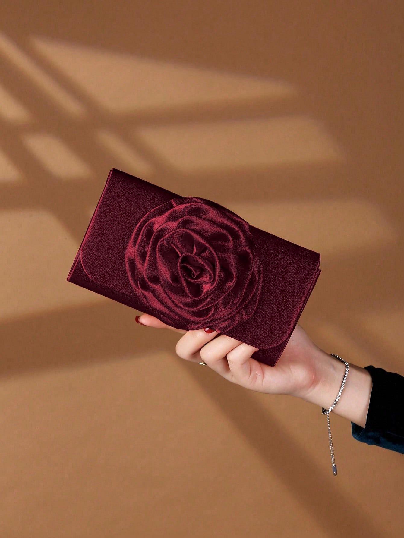 

Elegant Clutch Bag With Flannel Flower Women Fashionable Chain Crossbody Bag Party Wedding Prom Banquet Temperament Clutch Bags бордовий