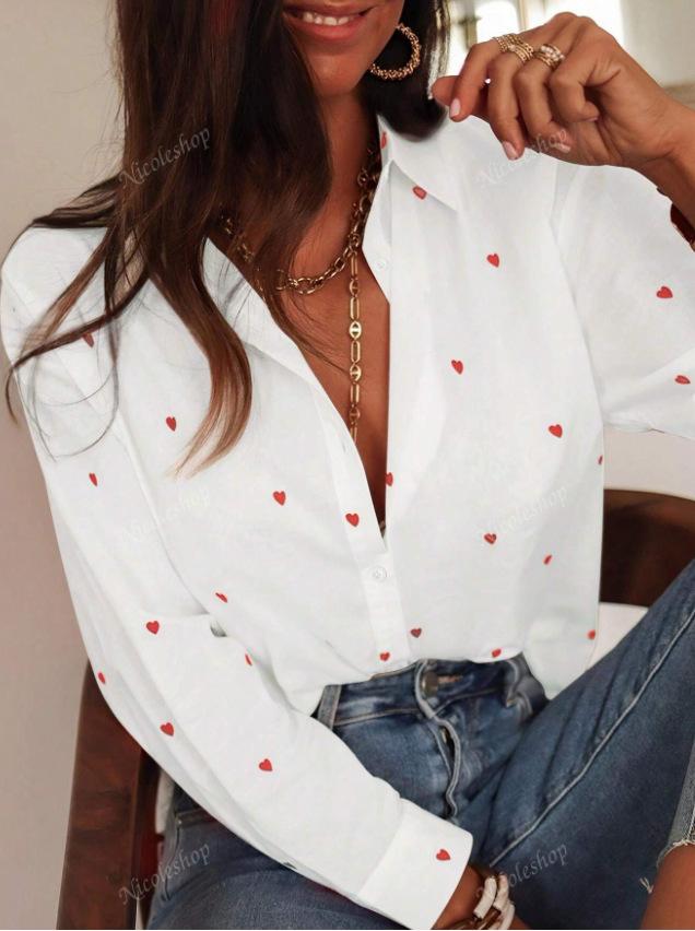 Women Long Sleeve Turn Down Collar Shirt Heart Print Loose Casual Blouse Elegant Office Daily Shirt European American Fashion Tops Factory Source